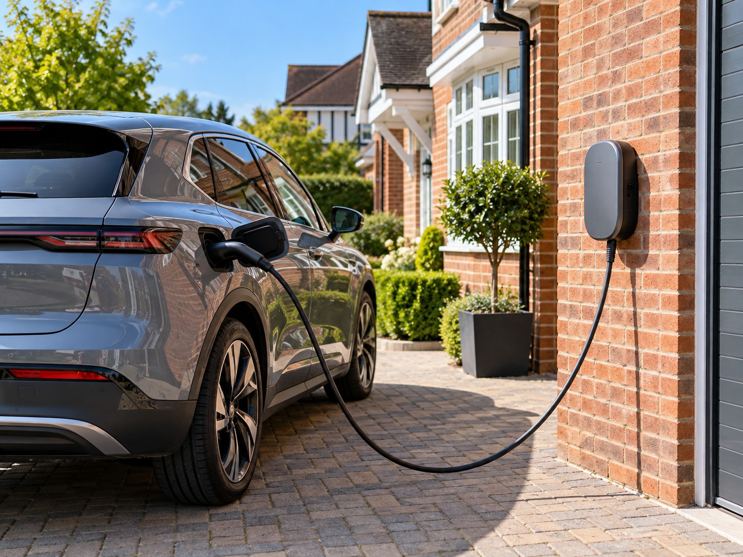 Wall-mounted EV charger charging a car on a driveway