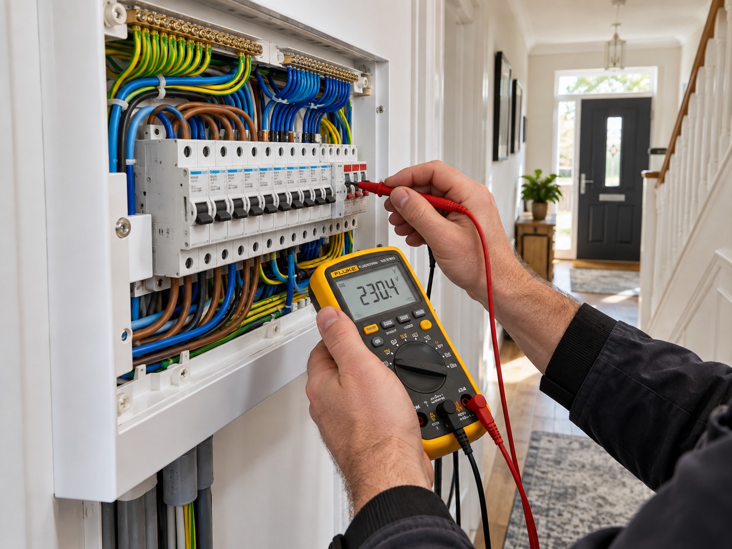 Electrician fault finding at a consumer unit