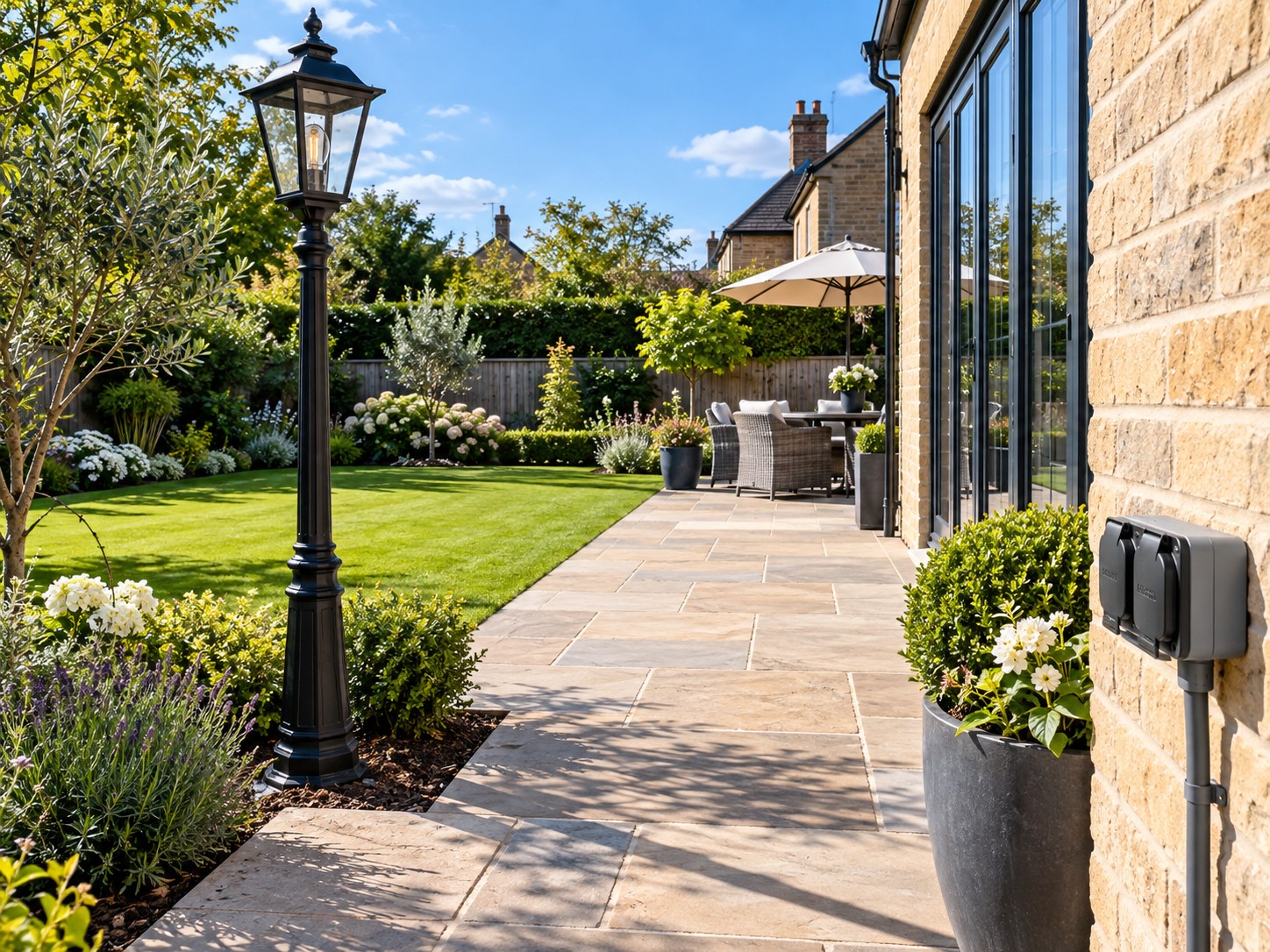 Outdoor waterproof socket and garden lamp post on a patio