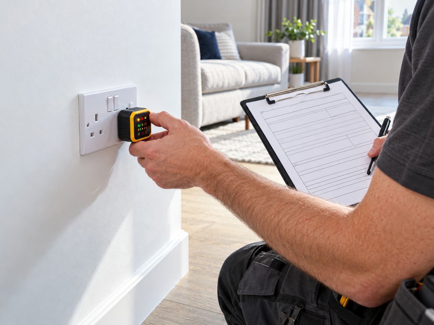 Electrician testing a socket with a tester
